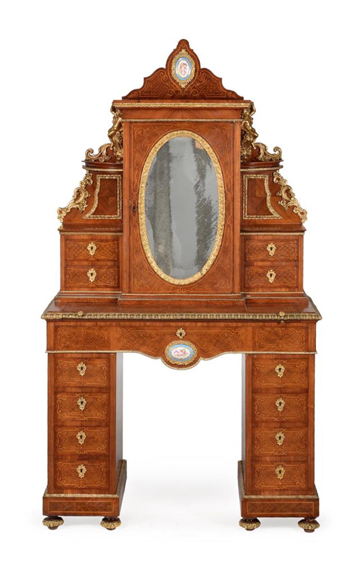 Y A VICTORIAN TULIPWOOD, WALNUT, MARQUETRY, GILT METAL AND PORCELAIN MOUNTED CABINET, CIRCA 1875