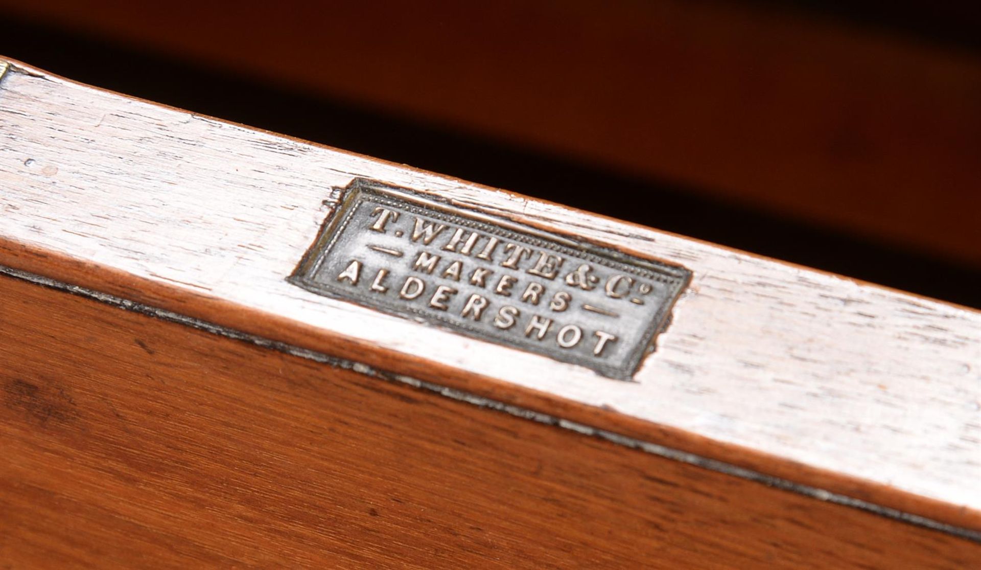 A VICTORIAN TEAK AND BRASS BOUND SECRETAIRE CAMPAIGN CHEST, BY T WHITE & CO, MID 19TH CENTURY - Image 5 of 6