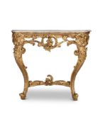 A PAIR OF GILTWOOD AND COMPOSITION CONSOLE TABLES, IN ROCOCO REVIVAL TASTE, 19TH CENTURY