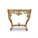 A PAIR OF GILTWOOD AND COMPOSITION CONSOLE TABLES, IN ROCOCO REVIVAL TASTE, 19TH CENTURY