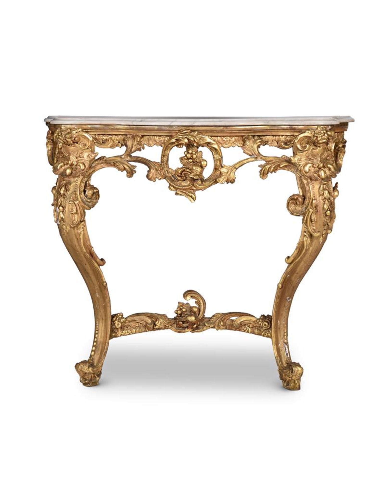 A PAIR OF GILTWOOD AND COMPOSITION CONSOLE TABLES, IN ROCOCO REVIVAL TASTE, 19TH CENTURY