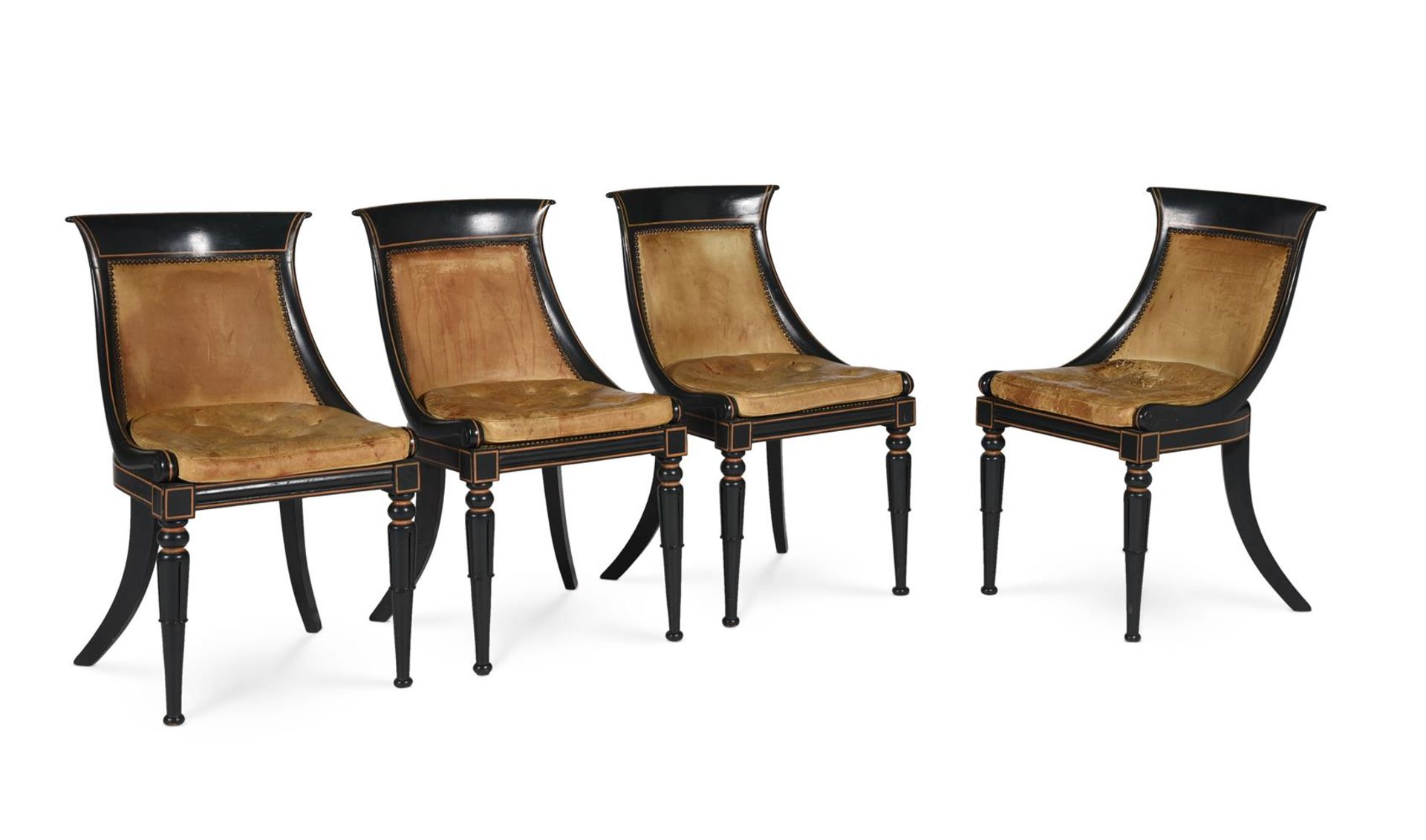 A SET OF FOUR GEORGE IV PAINTED AND PARCEL GILT CHAIRS, CIRCA 1830