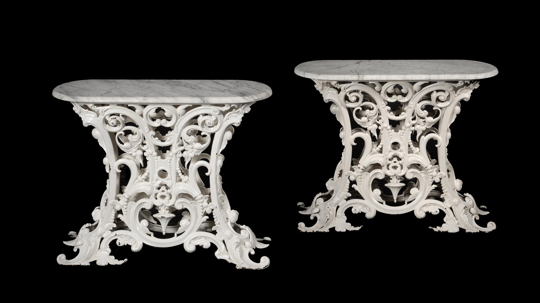 A PAIR OF WHITE PAINTED WROUGHT IRON TABLES IN THE MANNER OF YATES OF ROTHERHAM - Image 2 of 7