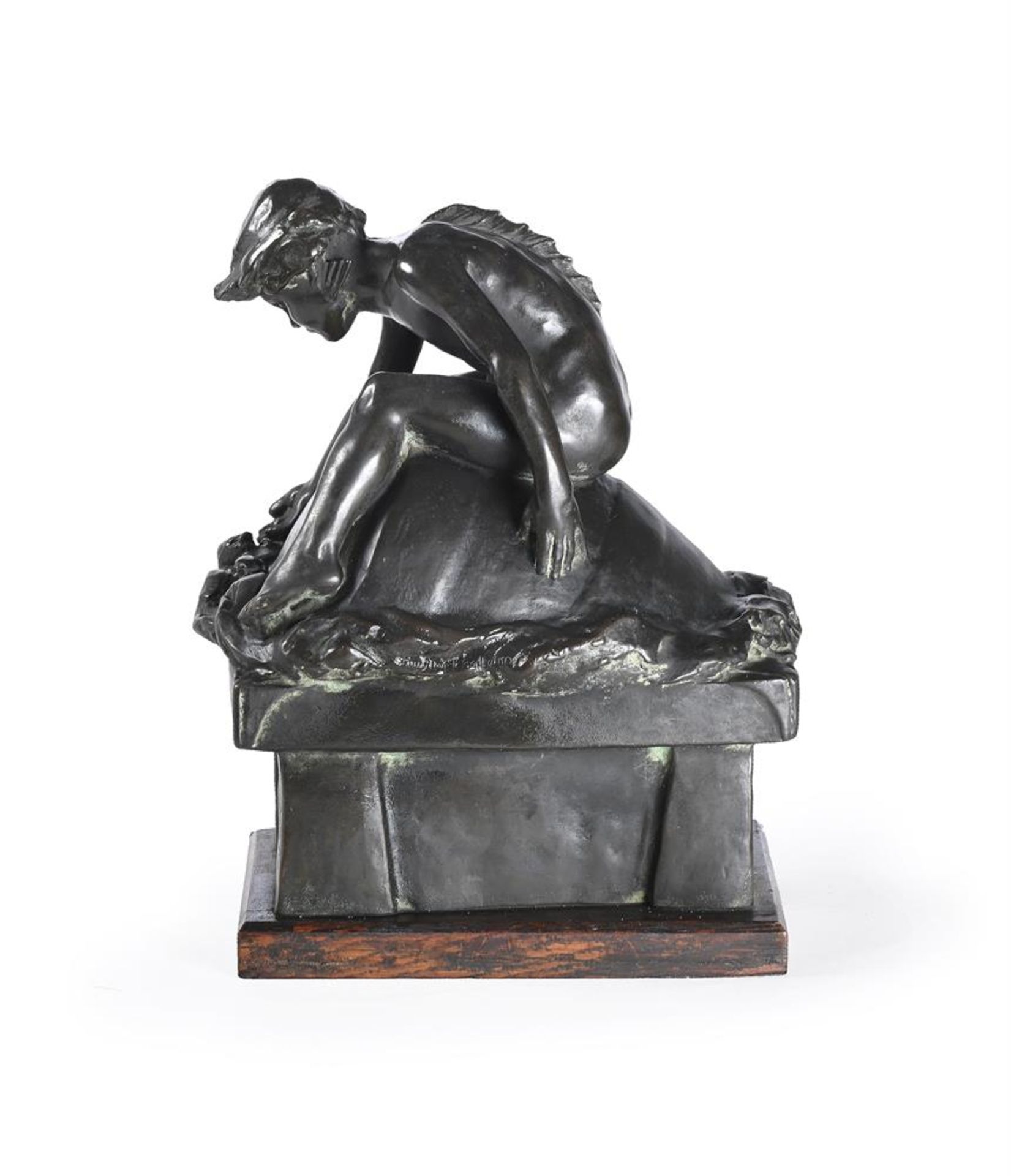 RUBY LEVICK BAILEY (WELSH, 1871-1940), A BRONZE GROUP OF A MERCHILD ON A FLOATING BARREL, DATED 1912 - Image 3 of 4