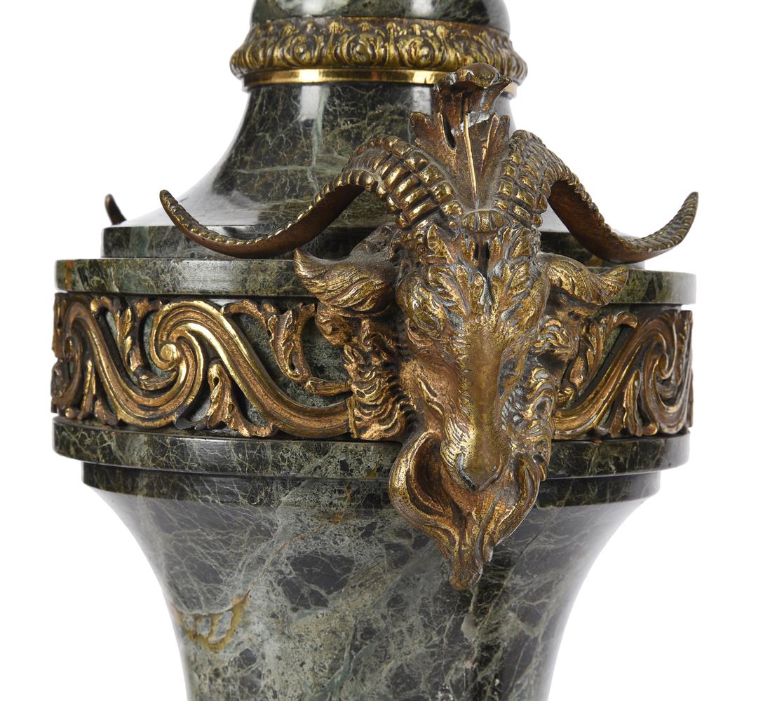 A PAIR OF SERPENTINE MARBLE AND GILT METAL MOUNTED URNS, FRENCH, LATE 19TH CENTURY - Image 3 of 3