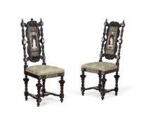 Y A PAIR OF MILANESE EBONISED, EBONY, AND IVORY INLAID SIDE CHAIRS