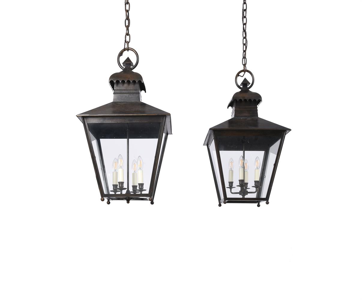 A PAIR OF PATINATED METAL CHARLES EDWARDS HALL LANTERNS IN 19TH CENTURY TASTE
