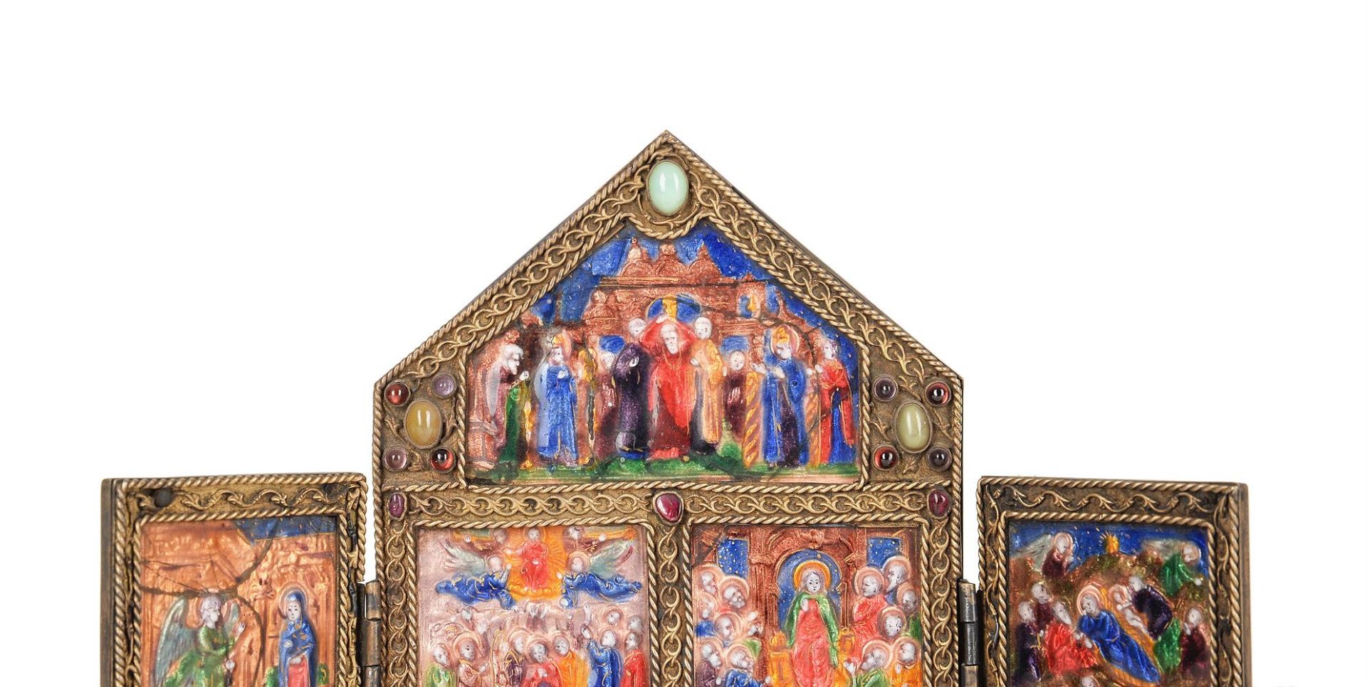 AN ENAMEL SET FOLDING DEVOTIONAL TRIPTYCH IN THE EARLY 16TH CENTURY LIMOGES MANNER - Image 2 of 6