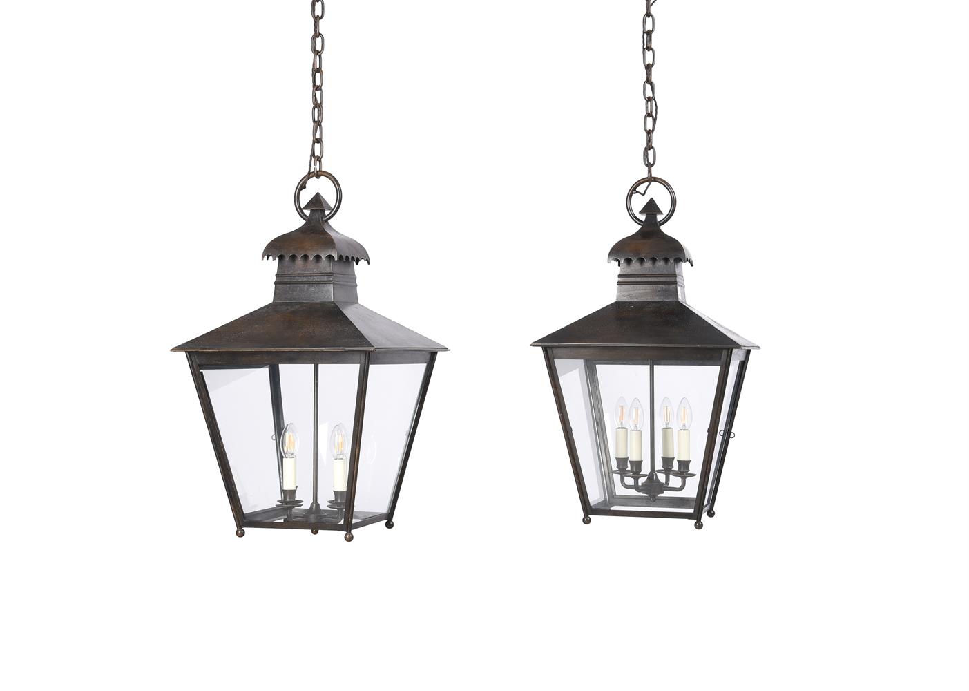 A PAIR OF PATINATED METAL CHARLES EDWARDS HALL LANTERNS IN 19TH CENTURY TASTE - Image 2 of 2