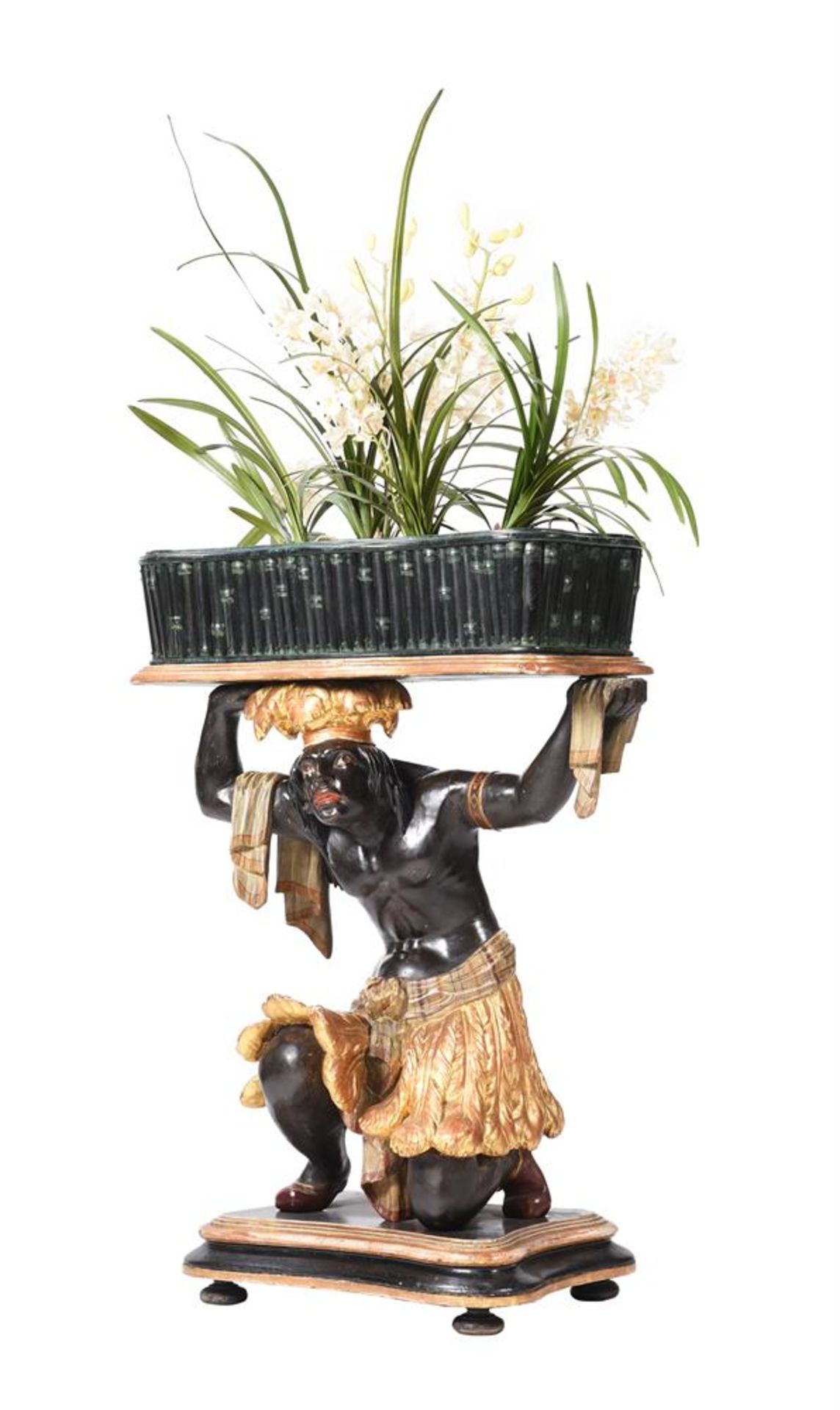 A VENETIAN EBONISED, PARCEL GILT 'BLACKAMOOR' JARDINIERE STAND