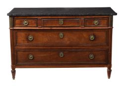 A FRENCH LOUIS PHILIPPE WALNUT AND GILT METAL MOUNTED COMMODEMID 19TH CENTURYThe marble top above