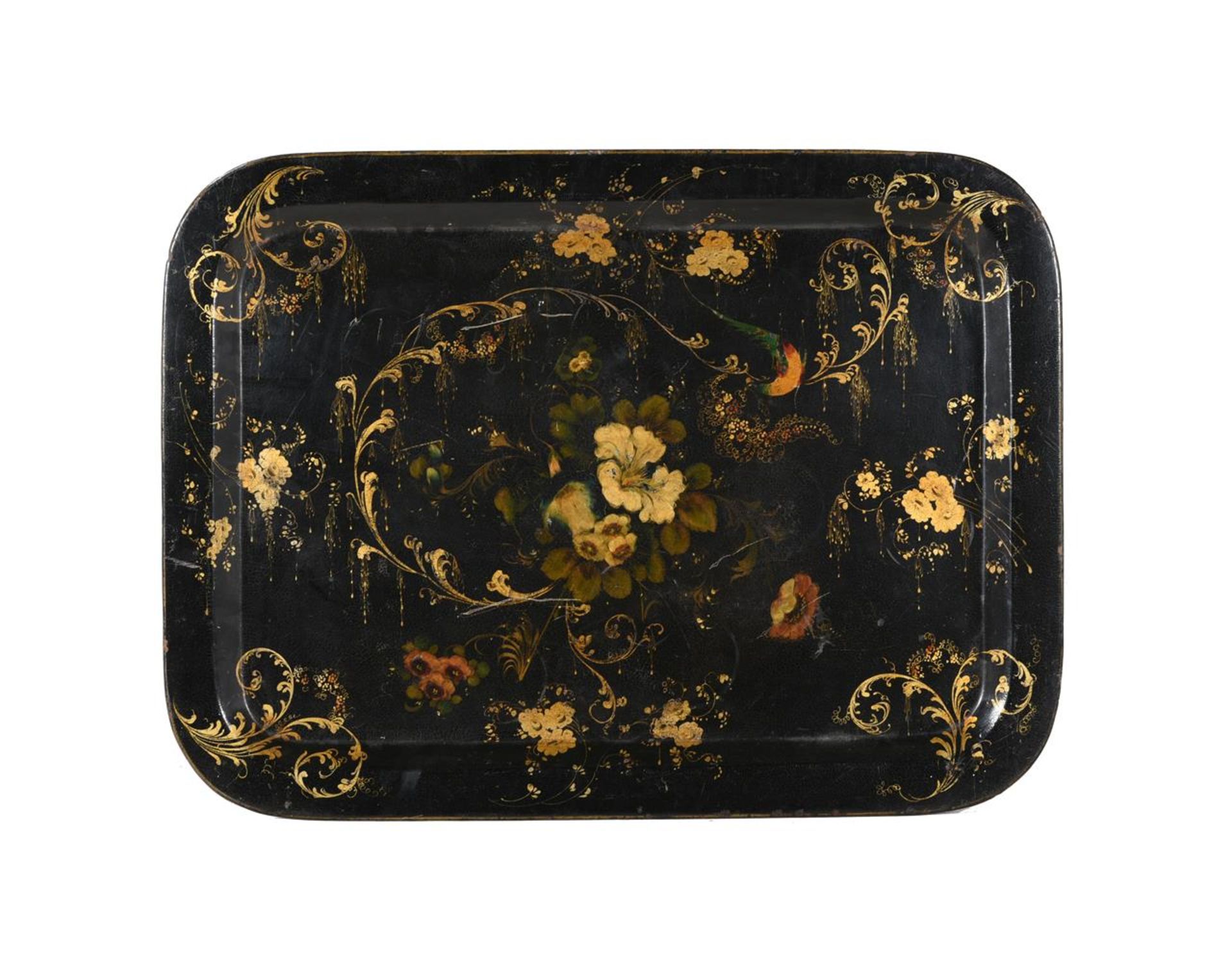 A VICTORIAN PARCEL GILT AND PAINTED BLACK PAPIER MACHE TRAY