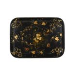 A VICTORIAN PARCEL GILT AND PAINTED BLACK PAPIER MACHE TRAY