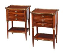 A PAIR OF FRENCH WALNUT BEDSIDE TABLES