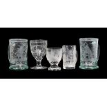 A GLASS GOBLET ENGRAVED WITH SUNDERLAND BRIDGE AND FOUR CONTINENTAL ENGRAVED GLASSES