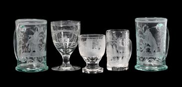 A GLASS GOBLET ENGRAVED WITH SUNDERLAND BRIDGE AND FOUR CONTINENTAL ENGRAVED GLASSES