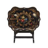 A VICTORIAN BLACK LACQUER AND PARCEL GILT PAPIER MACHE TRAY TOP TABLE