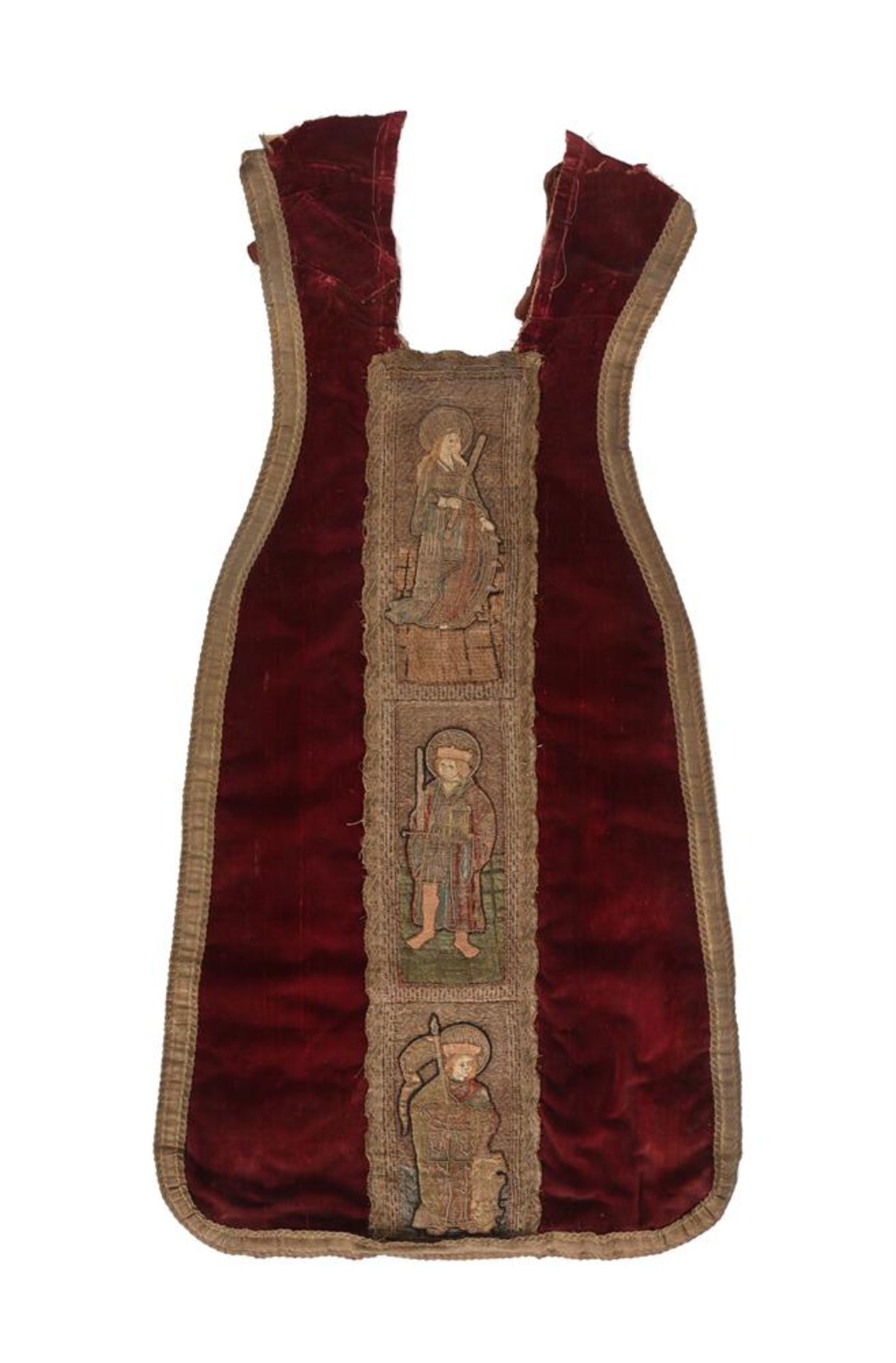 A CHASUBLE FRAGMENT, THE RED VELVET FIELD WITH EARLIER ORPHREY WOVEN WITH THREE SAINTS