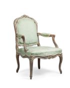 A FRENCH PAINTED OAK ARMCHAIR IN LOUIS XV STYLE