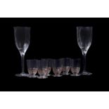 LALIQUE, RENE LALIQUE, POUILLY, A SET OF SIX FROSTED AND BROWN STAINED ART DECO LIQUEUR GLASSES