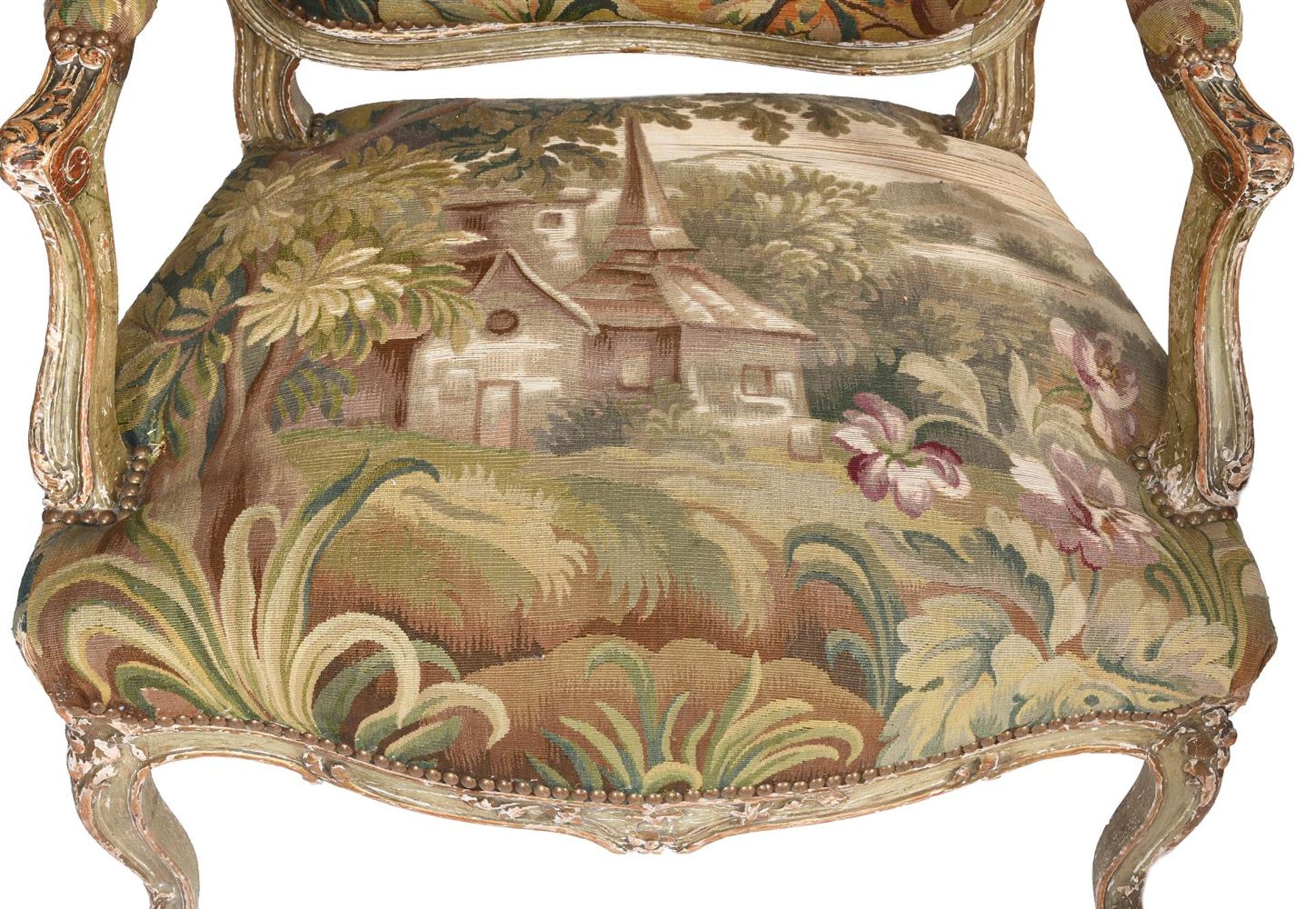 A PAIR OF FRENCH PAINTED AND PARCEL GILT FAUTEUILS - Image 6 of 7