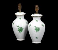 A PAIR OF HEREND 'GREEN CHINESE BOUQUET' PATTERN TABLE LAMPS