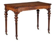 Y A VICTORIAN BURR WALNUT, GONCALO ALVES, TULIPWOOD CROSSBANDED AND LINE INLAID FOLDING CARD TABLE