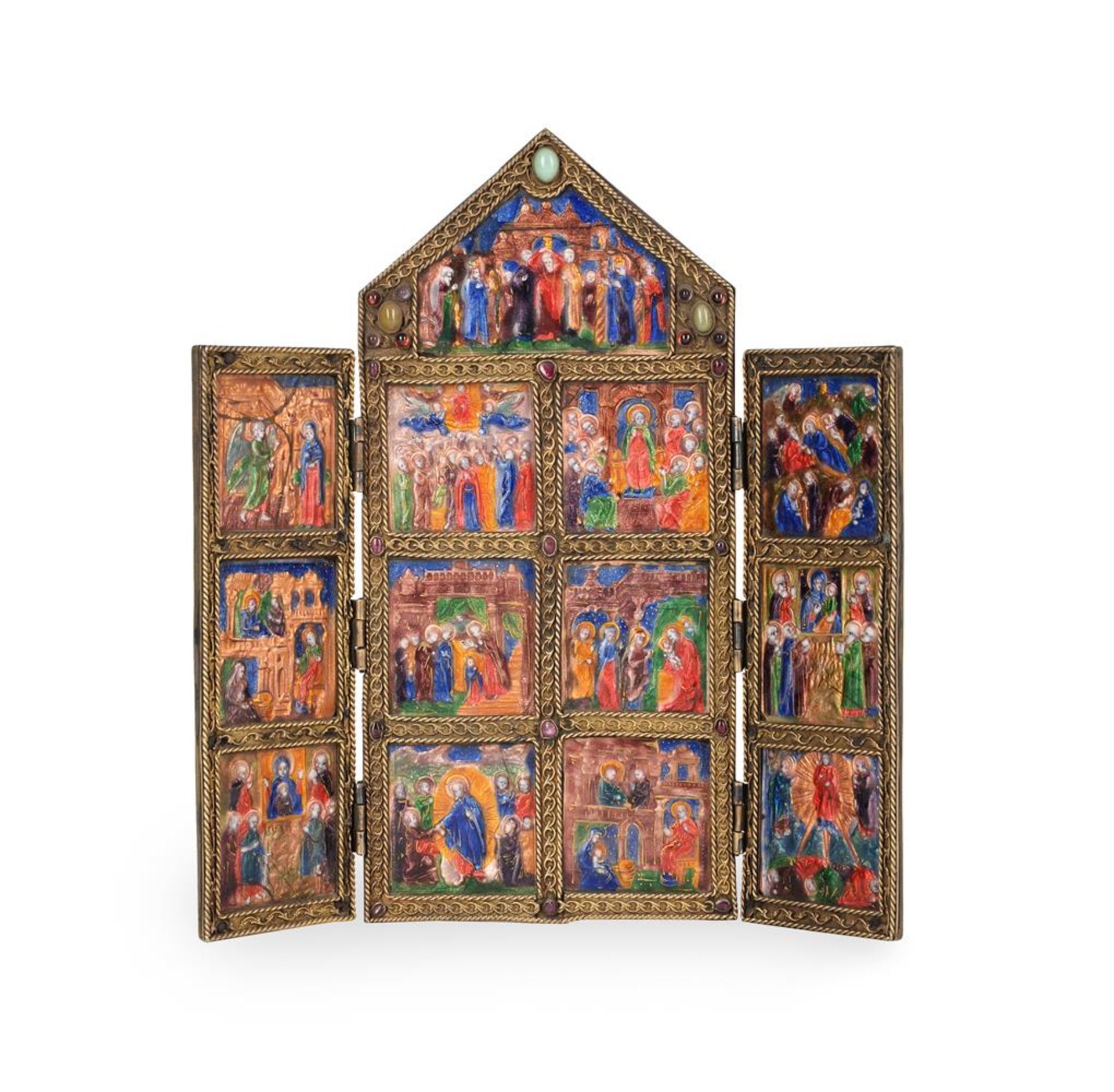 AN ENAMEL SET FOLDING DEVOTIONAL TRIPTYCH IN THE EARLY 16TH CENTURY LIMOGES MANNER