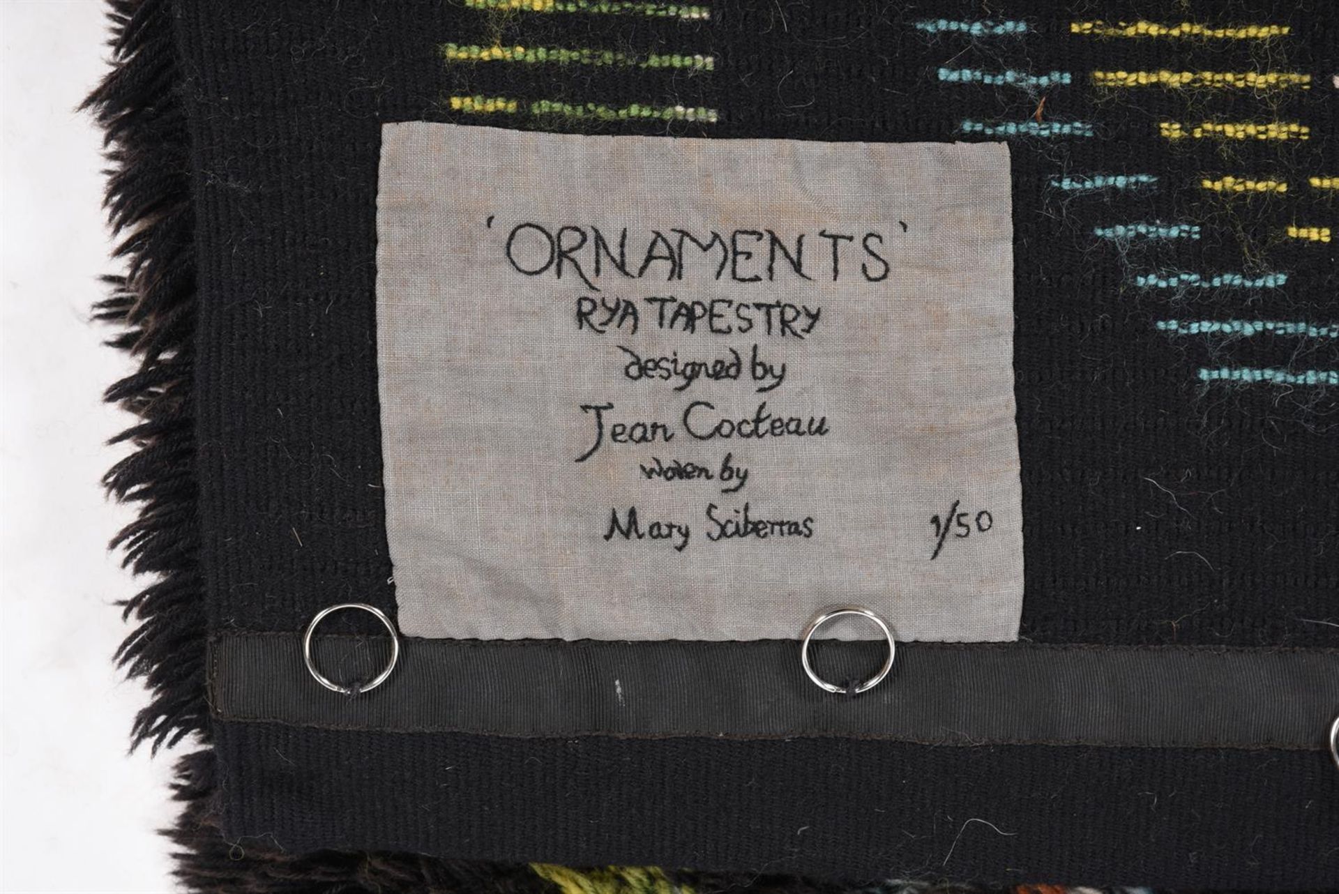 JEAN COCTEAU, ORNAMENTS, A WOVEN RYA TAPESTRY - Image 2 of 3