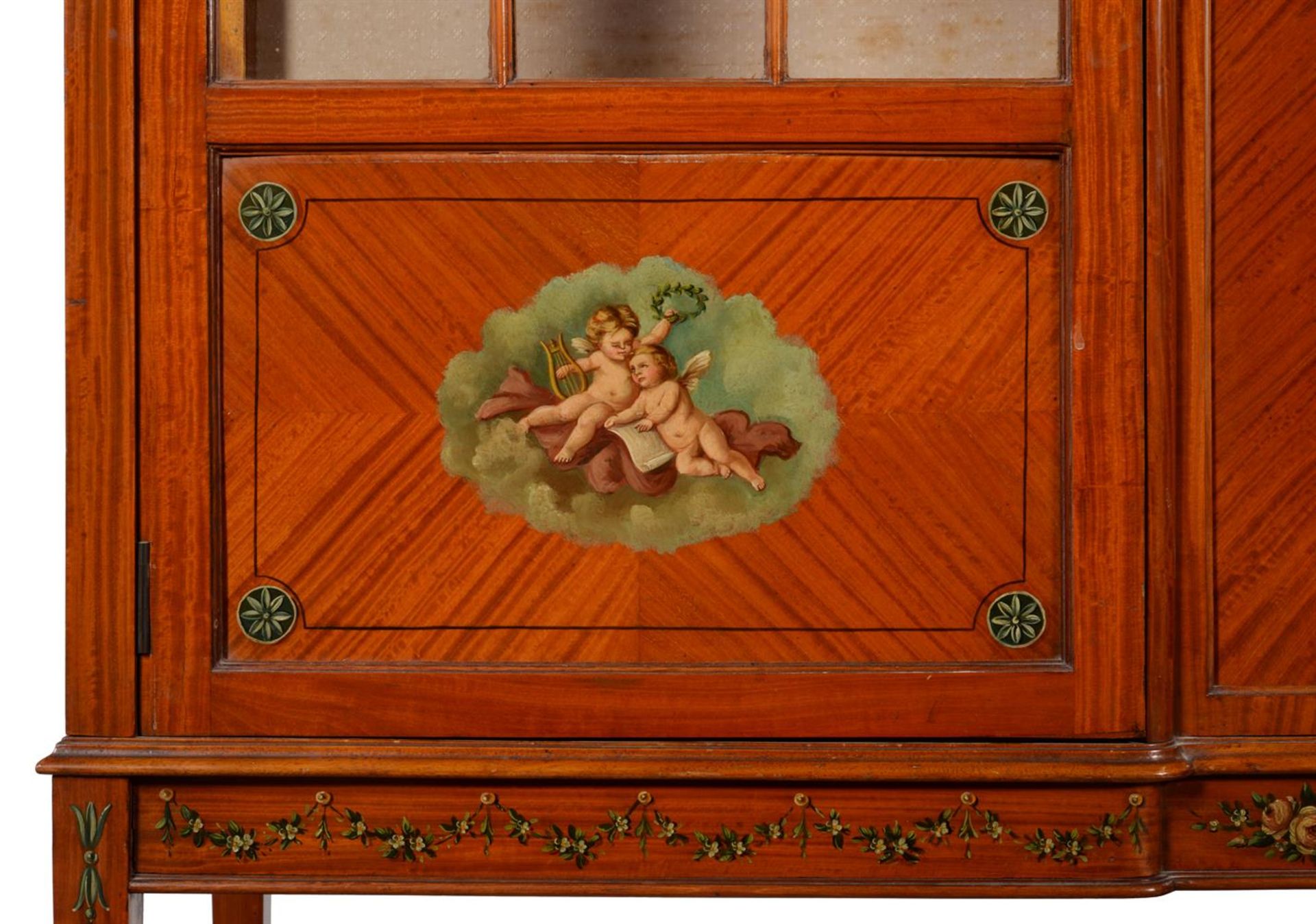A SHERATON REVIVAL SATINWOOD AND POLYCHROME PAINTED DISPLAY CABINET - Image 3 of 5
