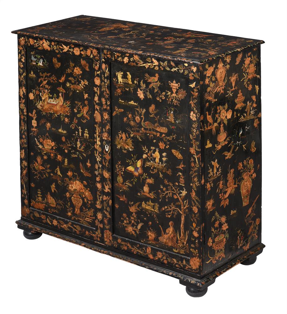 Y A VICTORIAN BLACK-PAINTED AND DECOUPAGE SIDE CABINET