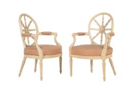 A PAIR CREAM-PAINTED ARMCHAIRS IN GEORGE III STYLE