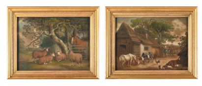 A PAIR OF SAND PICTURES OF RURAL FARM SCENES AFTER GEORGE MORLAND