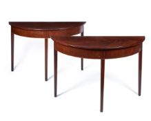 A PAIR OF MAHOGANY AND LINE INLAID CONSOLE TABLES