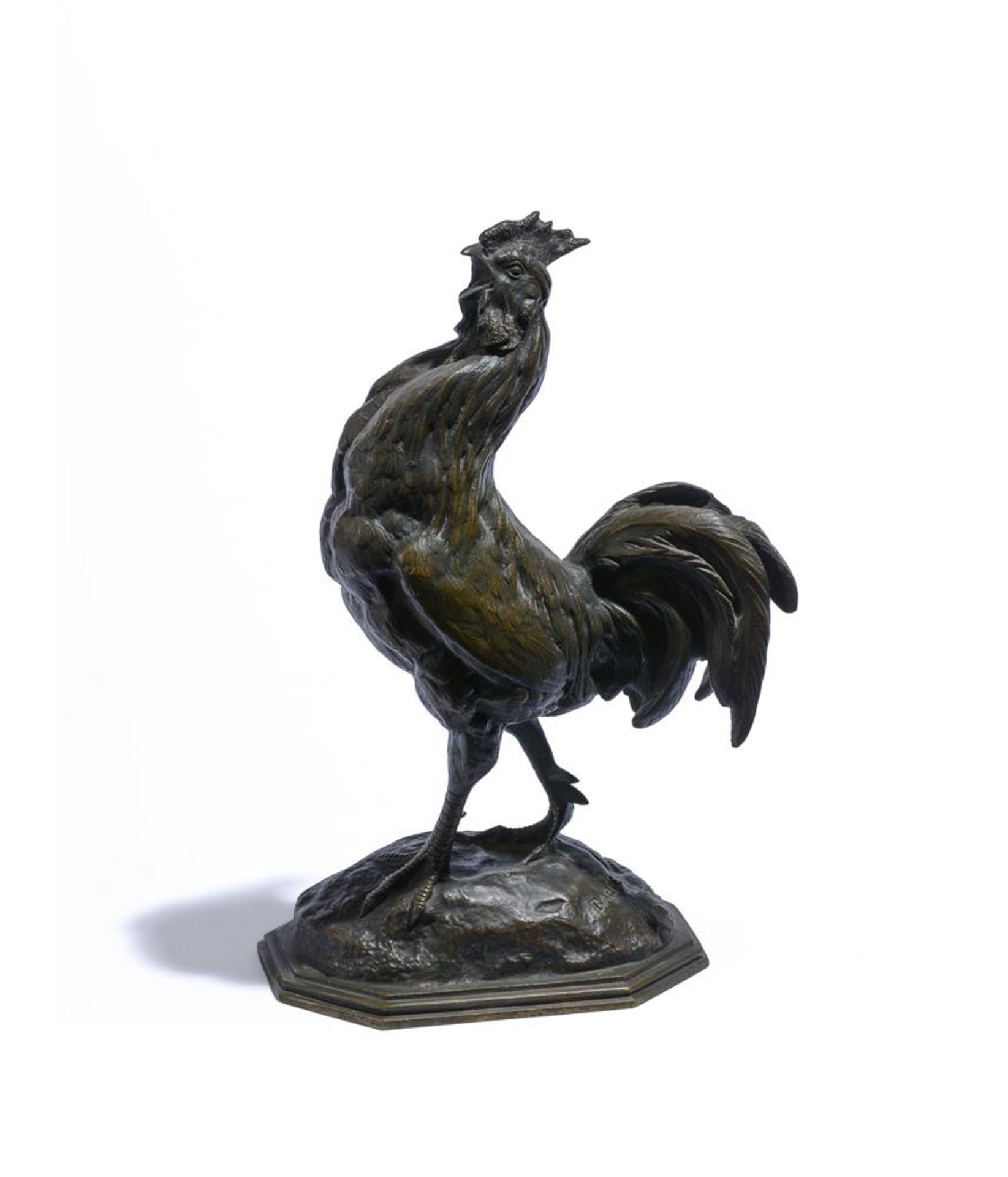 A BRONZE MODEL OF A COCKEREL, AFTER BARYE