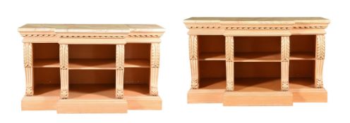 A PAIR OF PAINTED CONSOLE TABLES WITH SIMULATED MARBLE TOPS