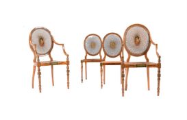 A PAIR OF SHERATON REVIVAL PAINTED SATINWOOD ARMCHAIRS