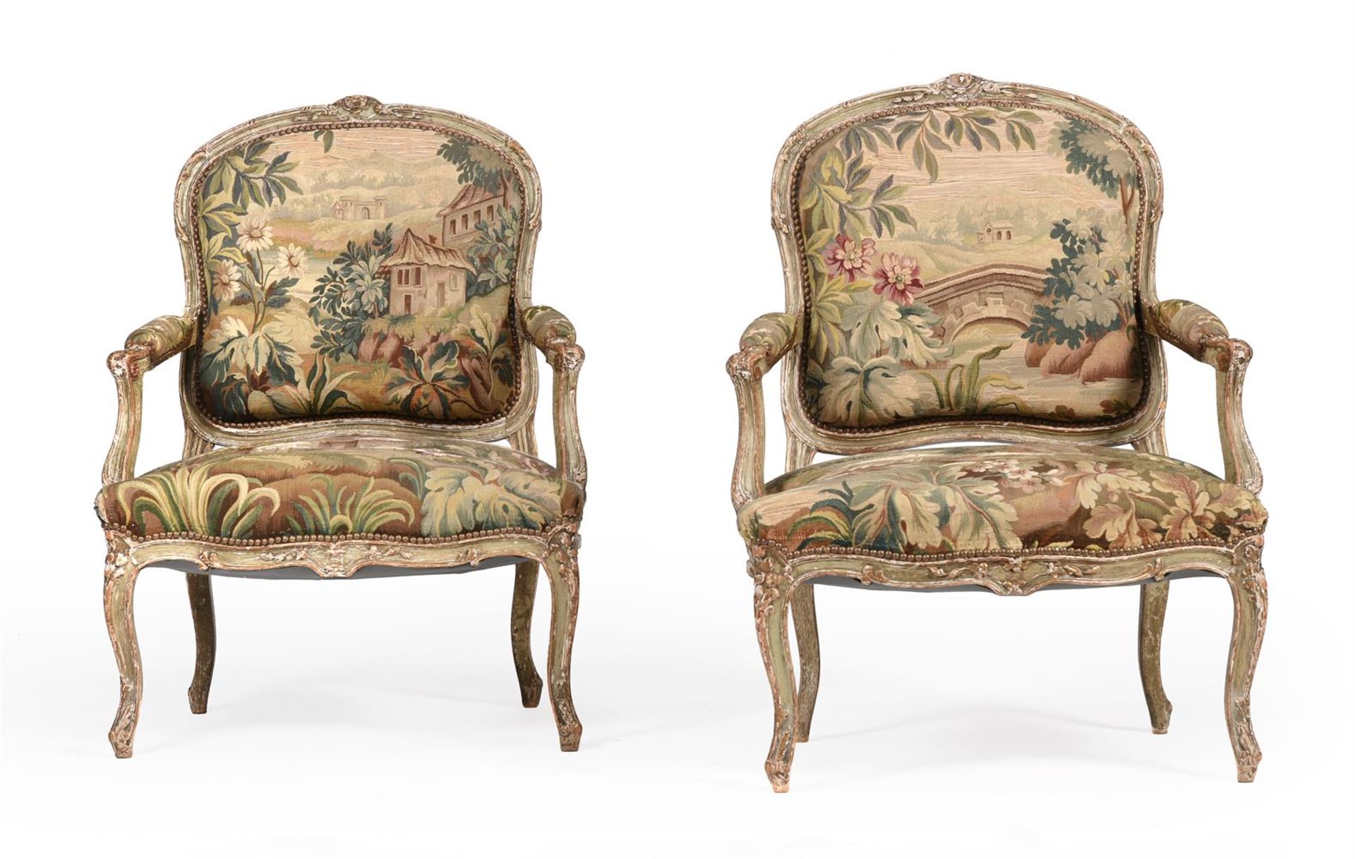 A PAIR OF FRENCH PAINTED AND PARCEL GILT FAUTEUILS - Image 2 of 7