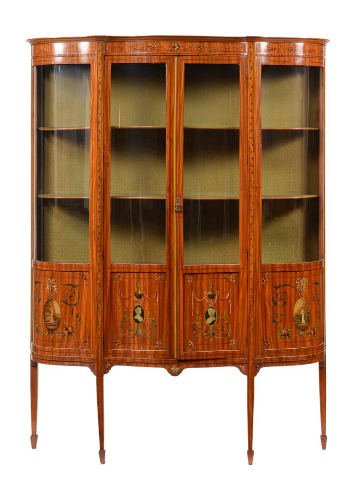 A SHERATON REVIVAL SATINWOOD AND POLYCHROME PAINTED DISPLAY CABINET