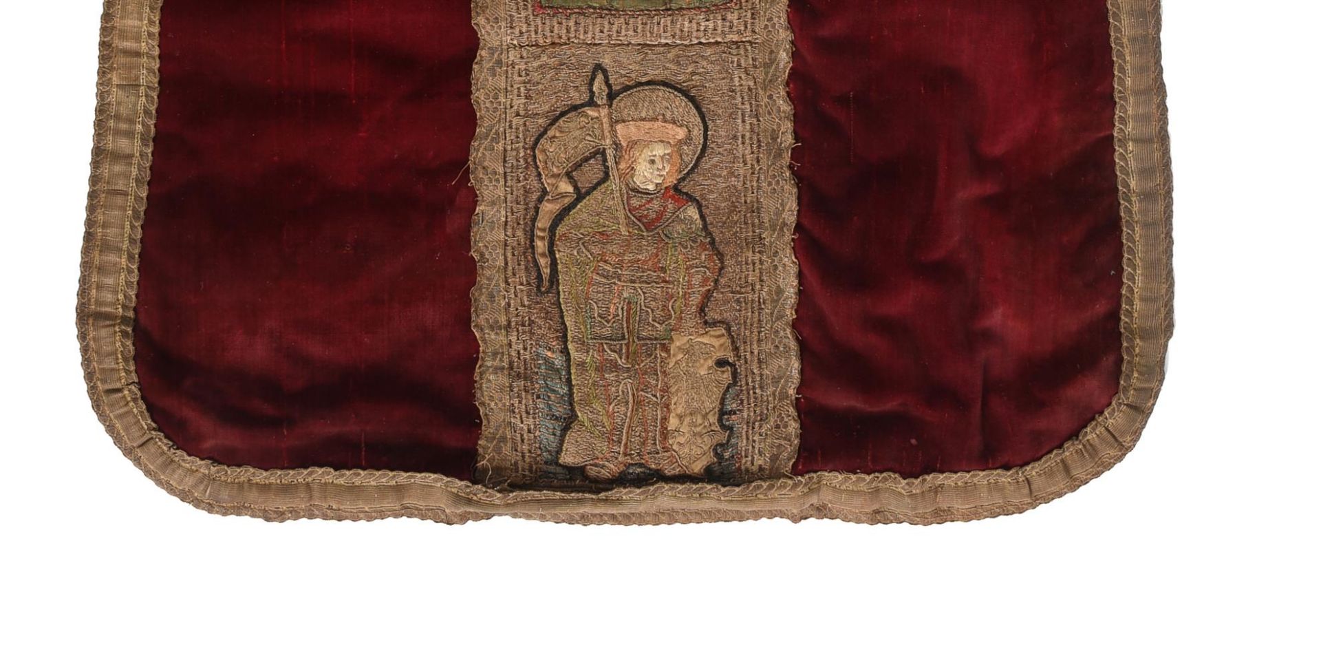 A CHASUBLE FRAGMENT, THE RED VELVET FIELD WITH EARLIER ORPHREY WOVEN WITH THREE SAINTS - Image 4 of 4