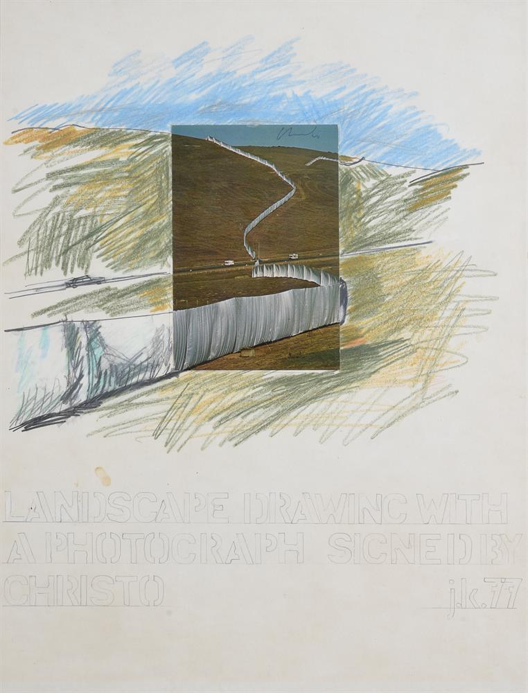JOHN KEANE (BRITISH B. 1954), LANDSCAPE DRAWING WITH A PHOTOGRAPH SIGNED BY CHRISTO - Image 2 of 3