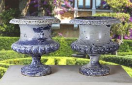 ‡ A PAIR OF FRENCH BLUE ENAMELLED CAST IRON PLANTERS
