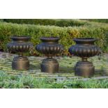 ‡ A SET OF THREE BLACK PAINTED CAST IRON VASES