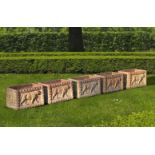 Ω A SET OF FIVE TERRACOTTA RECTANGULAR PLANTERS