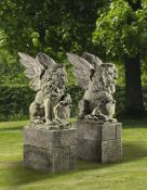 Ω A PAIR OF SCULPTED LIMESTONE MODELS OF WINGED LIONS