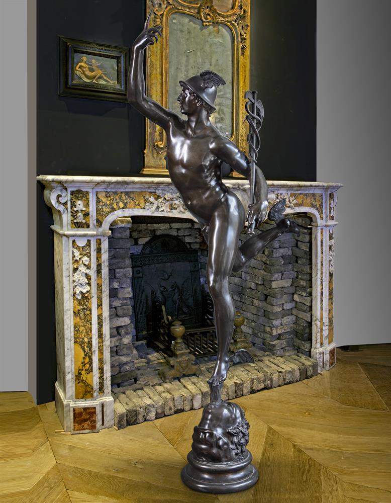 ‡ AFTER GIAMBOLOGNA, A LARGE CONTINENTAL PATINATED BRONZE MODEL OF MERCURY