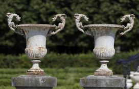 ‡ AN UNUSUAL PAIR OF FRENCH CAST IRON VASES WITH WINGED DRAGON HANDLES