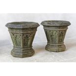 ‡ A PAIR OF CARVED SANDSTONE GARDEN PLANTERS IN GOTHIC REVIVAL TASTE