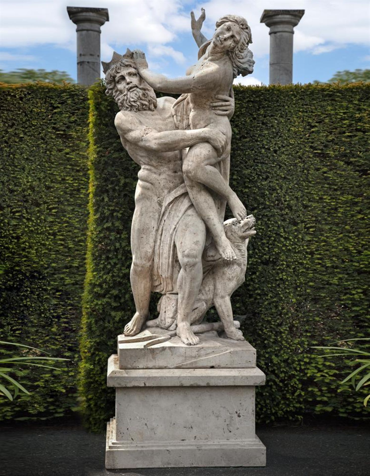 Ω AN ITALIAN SCULPTED TRAVERTINE MARBLE GROUP, THE ABDUCTION OF PROSERPINA