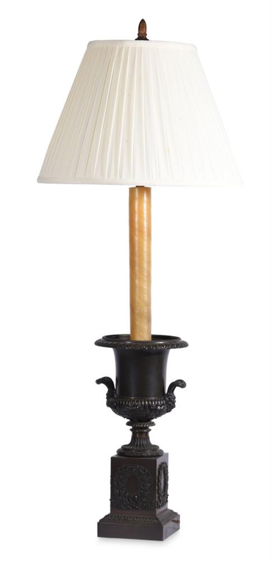 A BRONZED METAL CLASSICAL URN SHAPED LAMP BASE